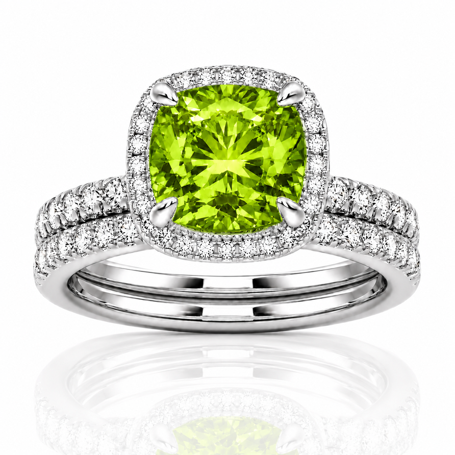 Cushion Cut Peridot & Moissanite Halo Engagement Ring Set