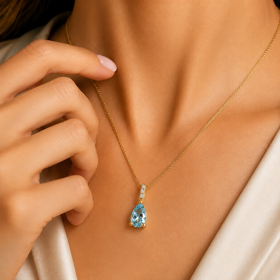 925 Sterling Silver Pear Cut Aquamarine Pendant Necklace, Yellow Gold Plated