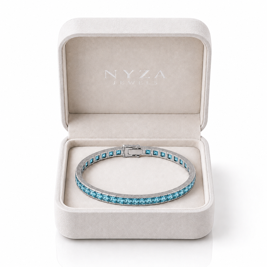 925 Sterling Silver Princess Cut Aquamarine Tennis Bracelet – 4mm Channel Set