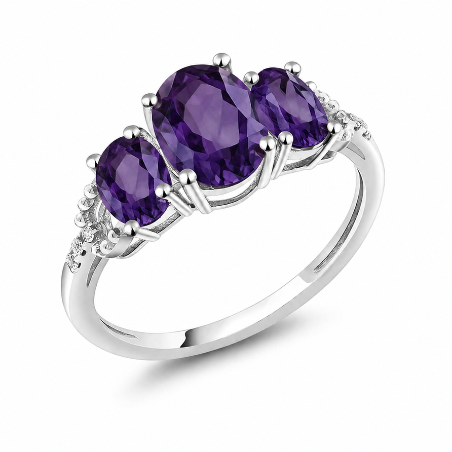 3 CT Oval Cut Amethyst 3 Stone Engagement Ring in 925 Sterling Silver