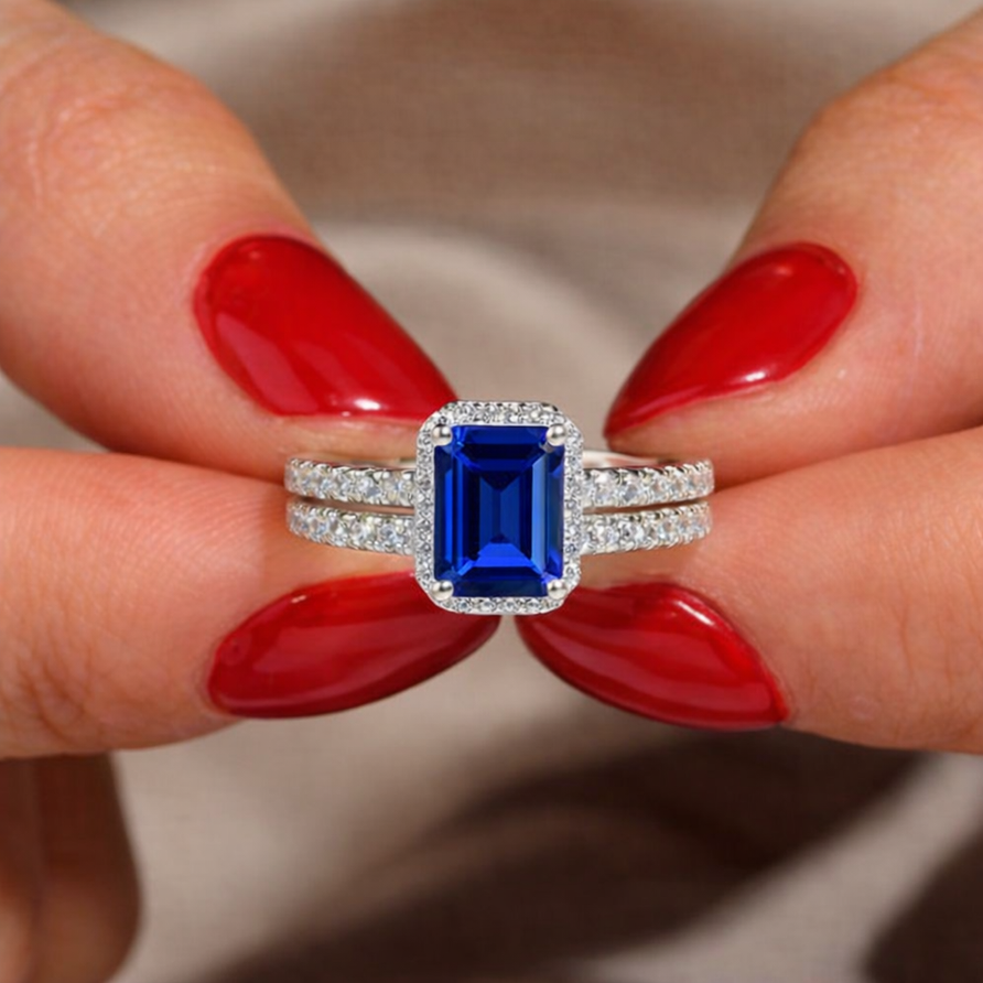 925 Sterling Silver Emerald Cut Blue Sapphire Halo Double Band Ring