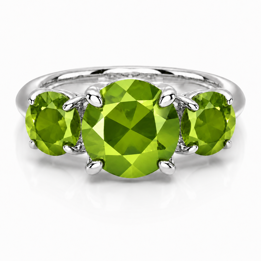 925 Sterling Silver 3CT Round peridot 3 Stone Ring