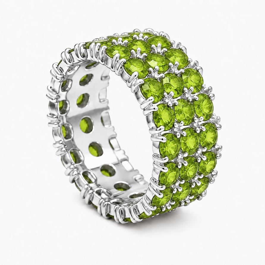 925 Sterling Silver Natural Peridot 3-Row Eternity Band Ring