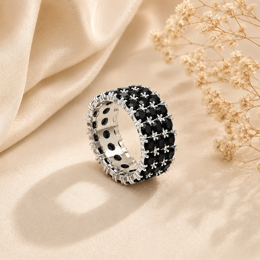 925 Sterling Silver Natural Round Black Spinel 3-Row Eternity Band Ring