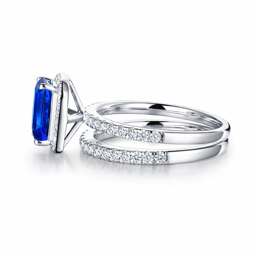 925 Sterling Silver Emerald Cut Blue Sapphire Halo Double Band Ring