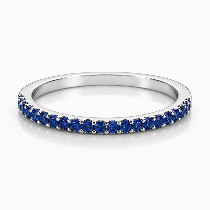 925 Sterling Silver Blue Sapphire 1.5mm Round Half Eternity Stackable Band Ring