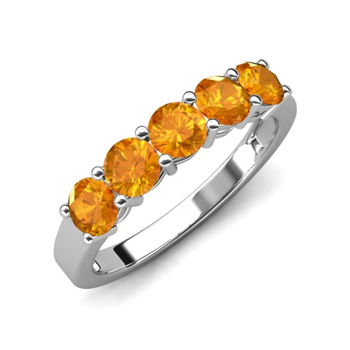 925 Sterling Silver 1.25CT Round 4MM Citrine 5 Stone Band Ring