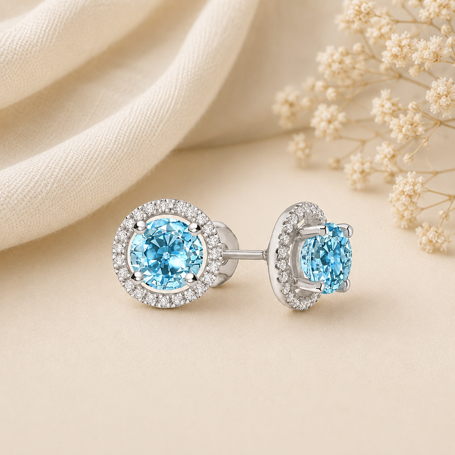 925 Sterling Silver Round Cut Aquamarine Halo Stud Earrings for Women