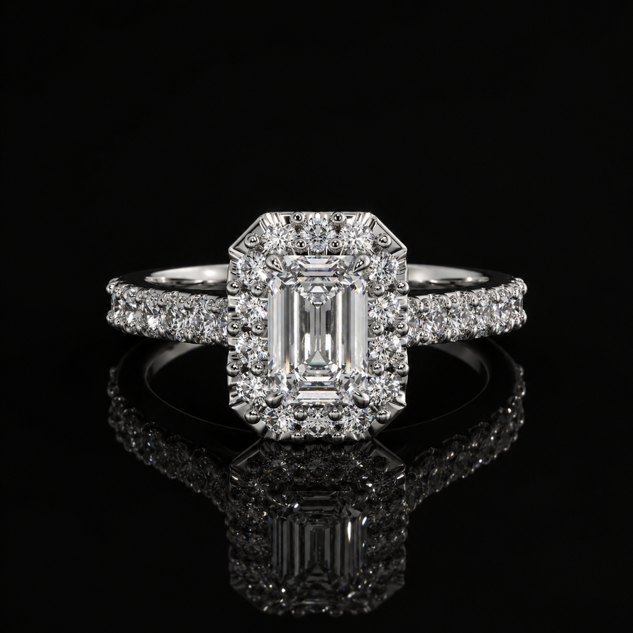 GRA Certified 1.5 CT Emerald Cut Moissanite Halo Engagement Ring