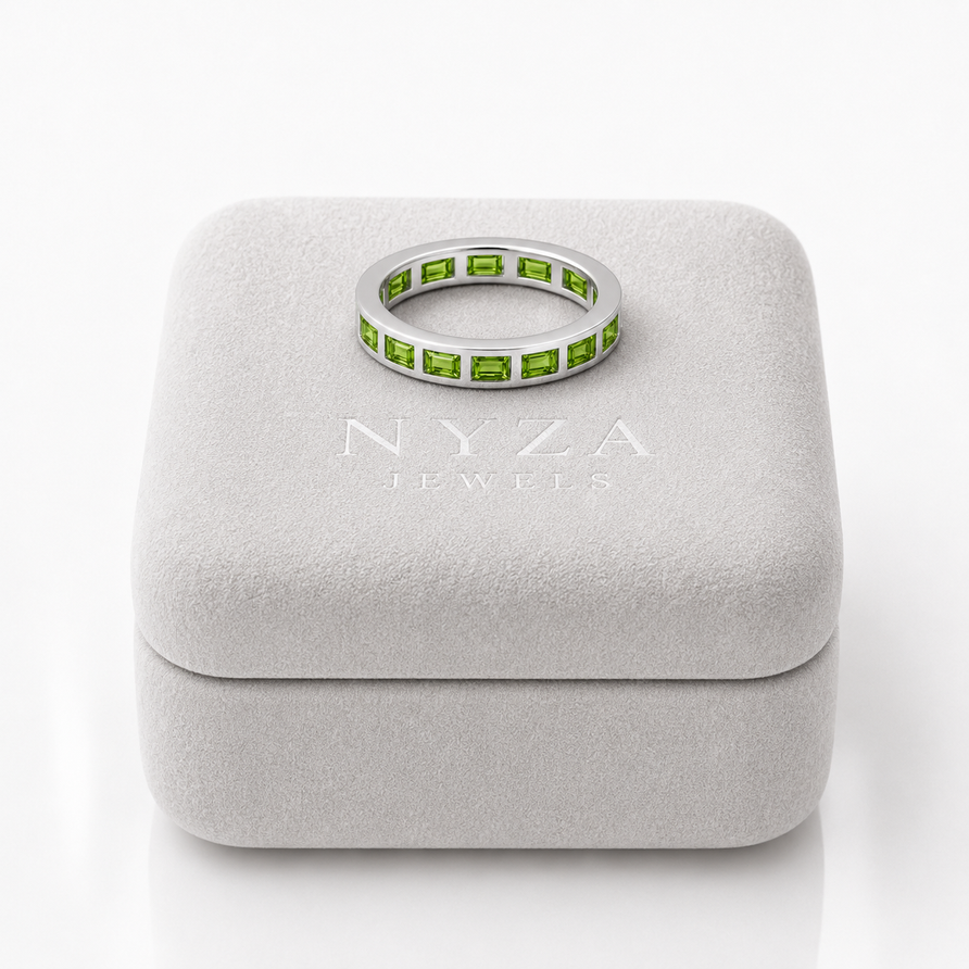 Bezel-Set Peridot Baguette Eternity Promise Band Ring
