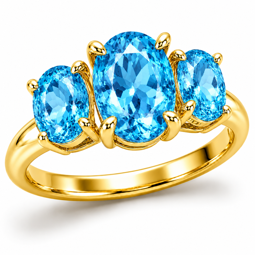 3 CT Natural Oval Cut Swiss Blue Topaz Three-Stone Engagement Ring