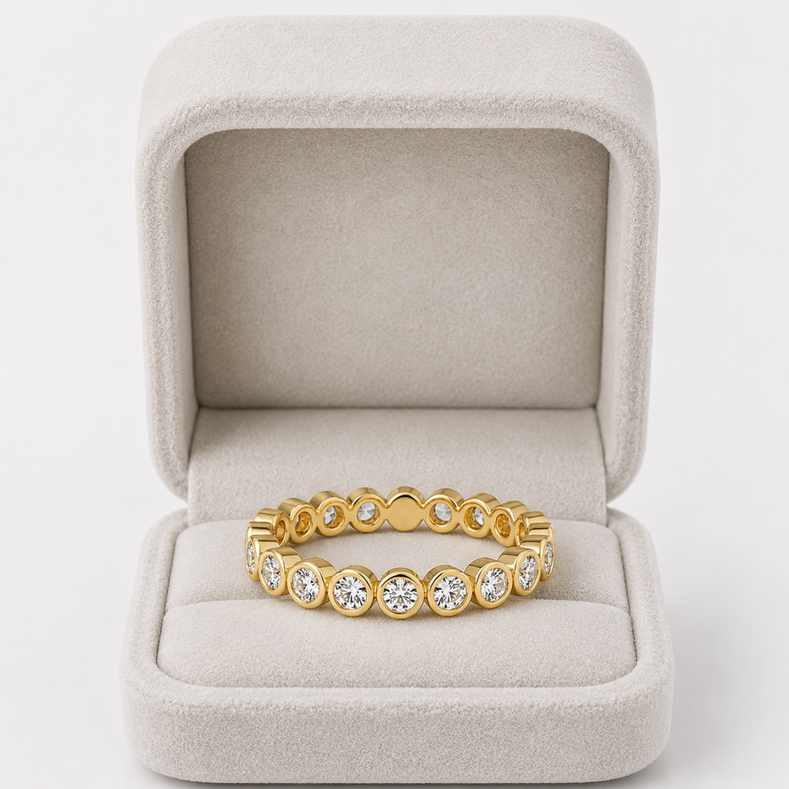 bezel set round moissanite eternity band ring