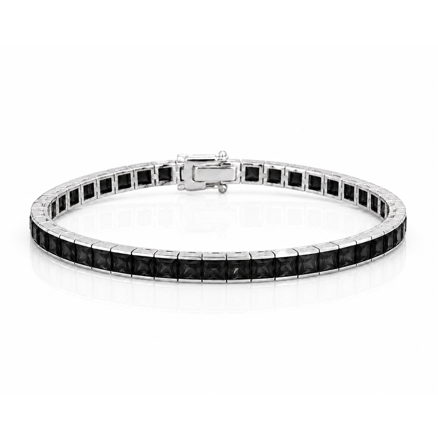 925 Sterling Silver Princess Cut Black Spinel Tennis Bracelet – 4mm Channel Set