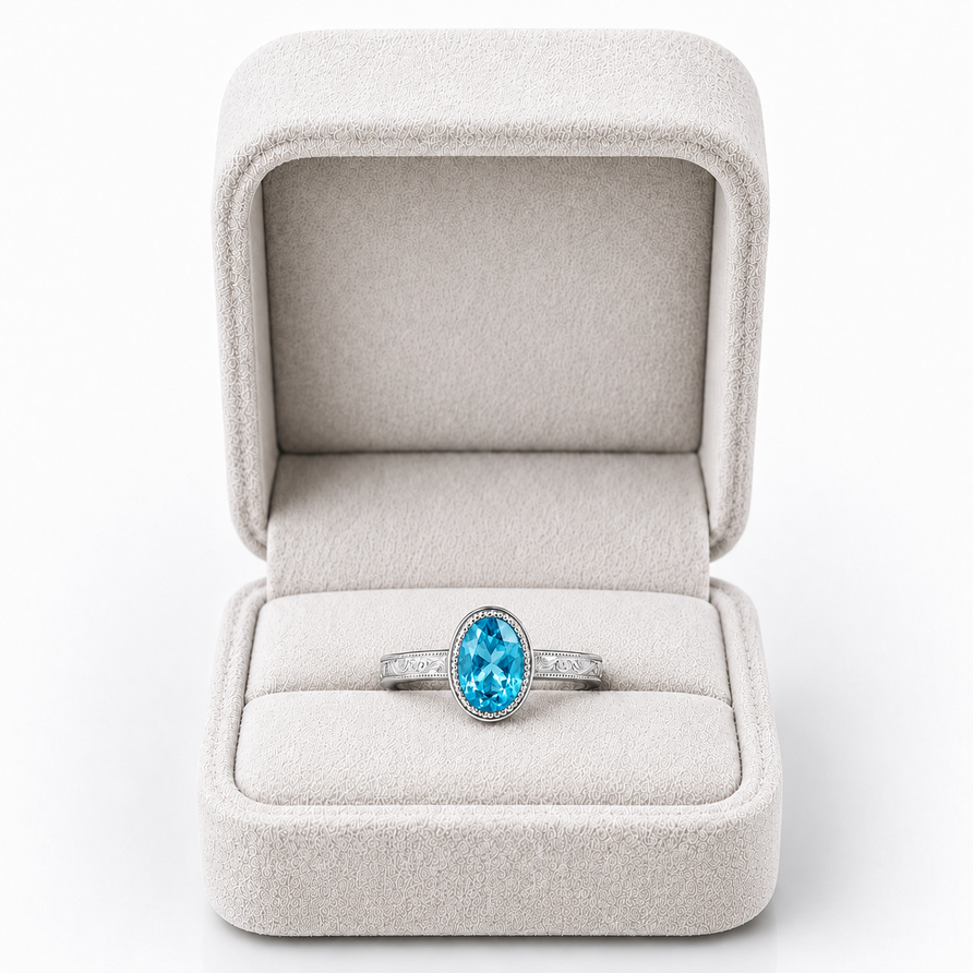 2 CT Bezel Set Oval Swiss Blue Topaz Vintage Engagement Ring in 925 Sterling Silver