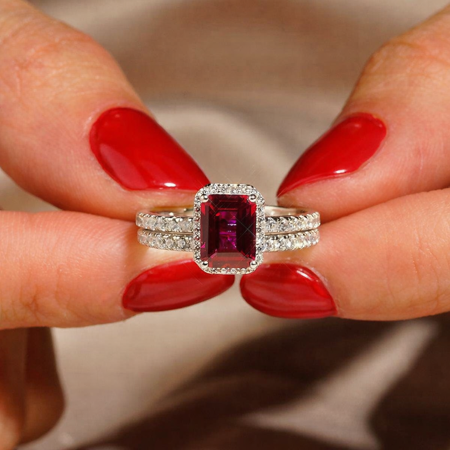 925 Sterling Silver Emerald Cut Ruby Halo Double Band Ring