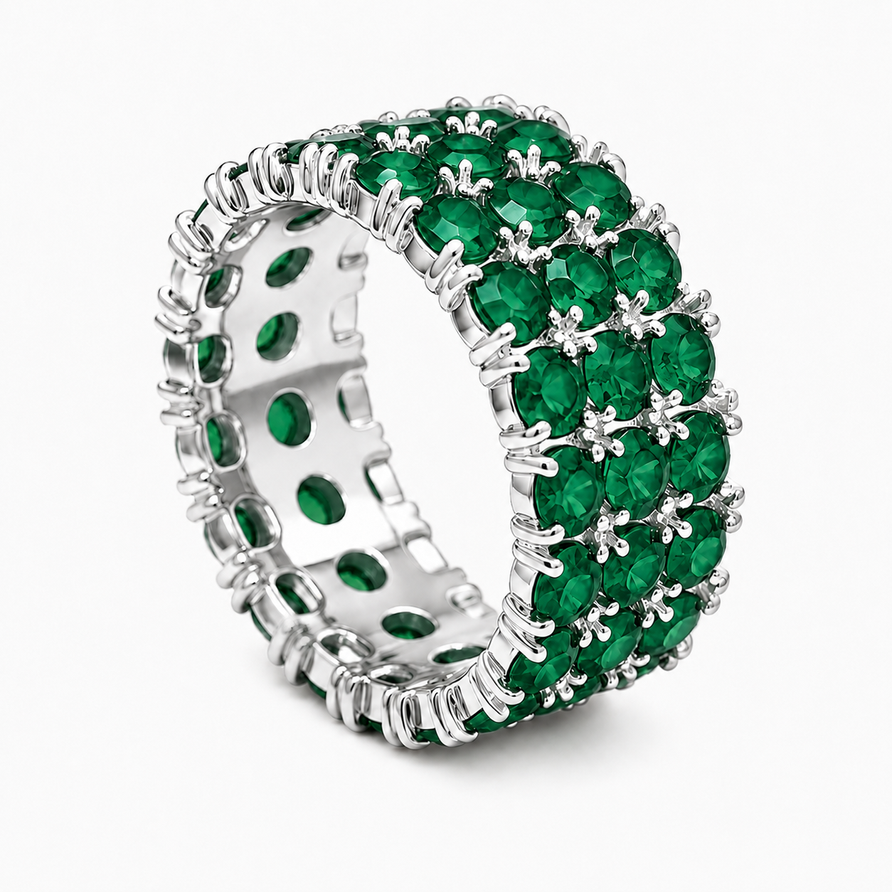 925 Sterling Silver Lab Created Emerald 3-Row Eternity Band Ring
