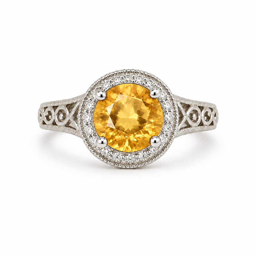 1.5 CT Round Cut Citrine Vintage Halo Engagement Ring in 925 Sterling Silver