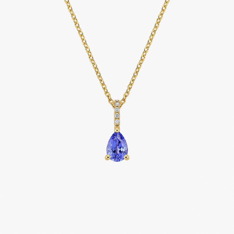925 Sterling Silver Pear Cut Tanzanite Pendant Necklace, Yellow Gold Plated