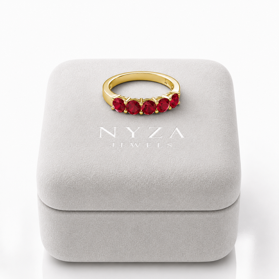 925 Sterling Silver 1.50CT Round 4MM Ruby 5 Stone Band Ring