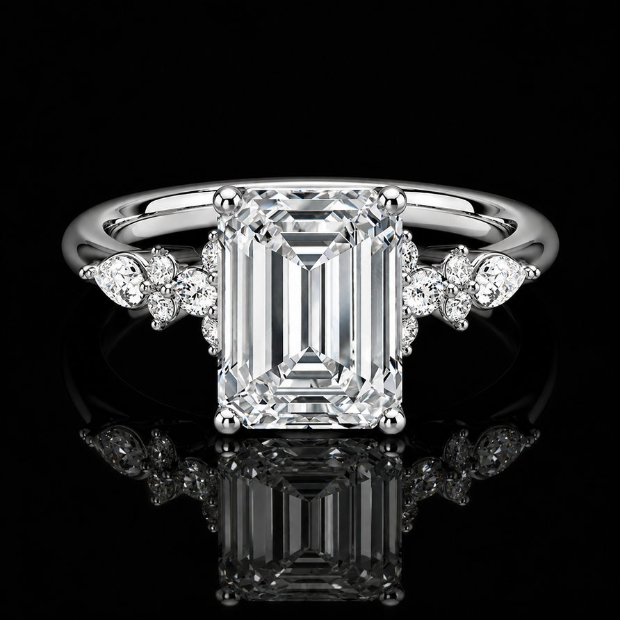 2.5 CT GRA Certified Emerald Cut Moissanite Engagement Ring – Floral Accent Solitaire