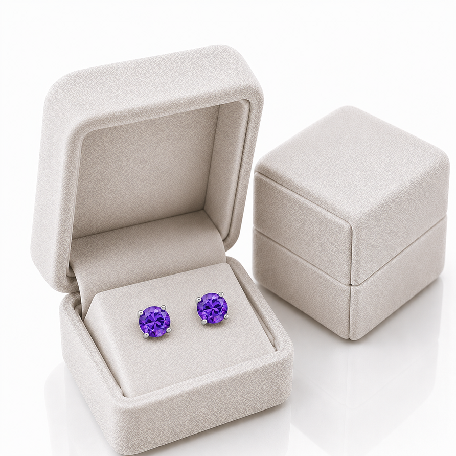 925 Sterling Silver Round Amethyst Stud Earrings