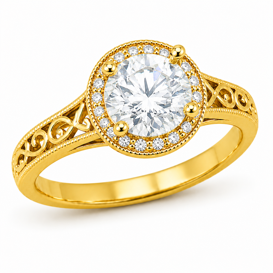GRA Certified 1.5 CT Round Cut Moissanite Vintage Halo Engagement Ring