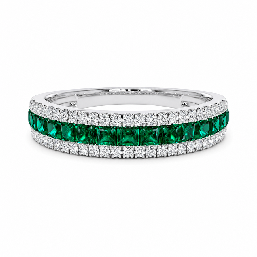 925 Sterling Silver Princess Cut Emerald Channel Set Eternity Band Ring