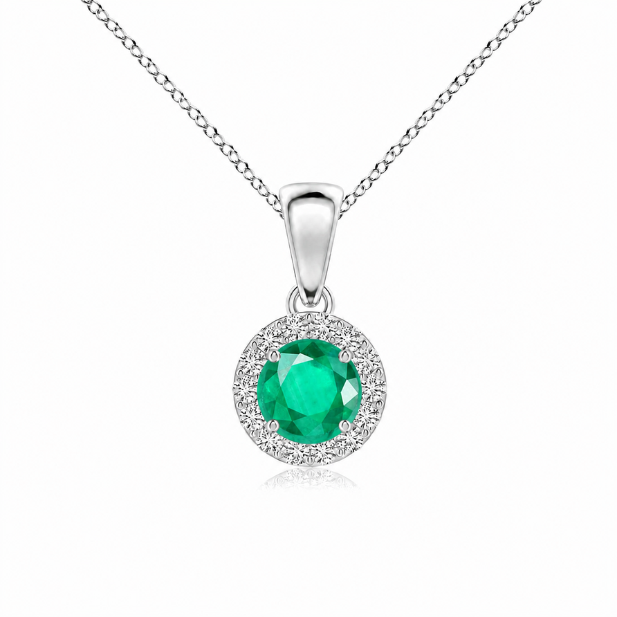 925 Sterling Silver Round Emerald Halo Pendant Necklace