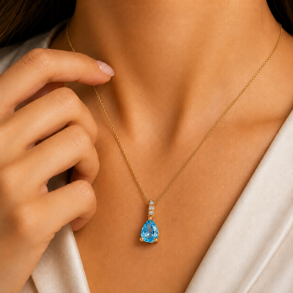 925 Sterling Silver Pear Cut Swiss Blue Topaz Pendant Necklace, Yellow Gold Plated