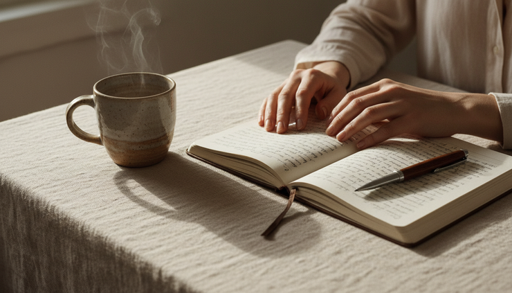 Close-up view of a woman’s hands resting beside an open journal on a linen-covered table