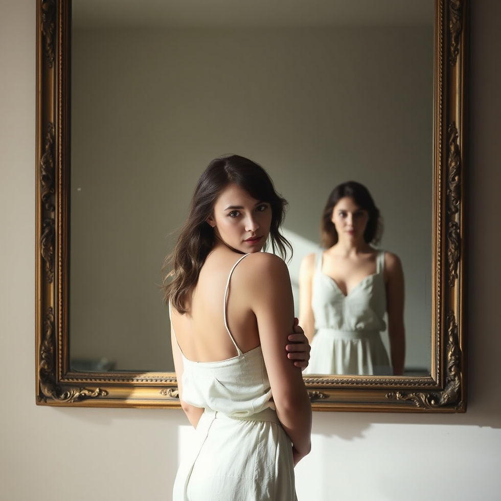 Woman in a white dress poses before an ornate mirror, her reflection behind her in soft light, creating a calm, intimate mood