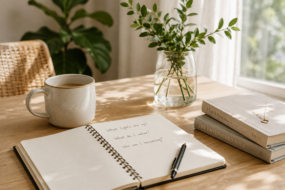 Open journal with handwritten self-reflection questions beside a cup of tea on a sunlit wooden table.