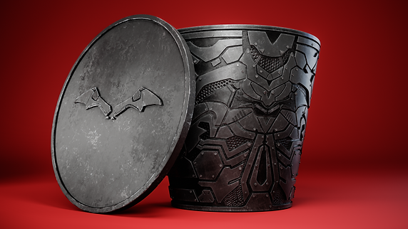 A high quality render of a 3d popcorn bucket concept for the Batman movie (2022)