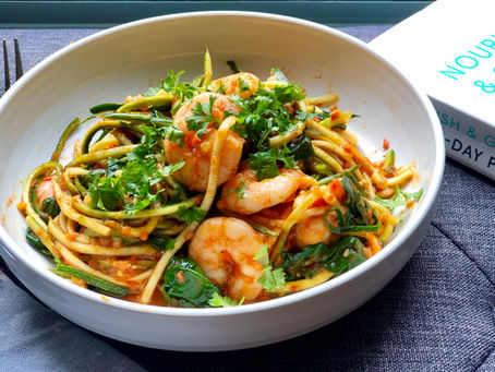 Spicy tomato and prawn courgetti.