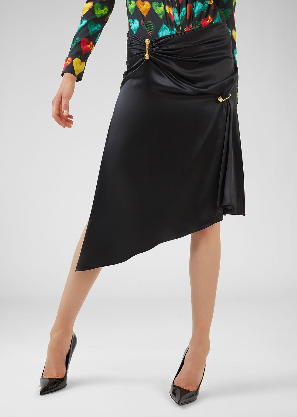 Thumbnail: VERSACE - DRAPED PIN CLIP SILK SATIN SKIRT
