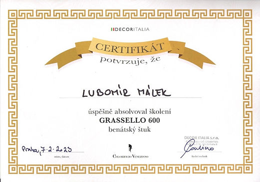 Certifikát benátské štuky Grassello Málek Lubomír