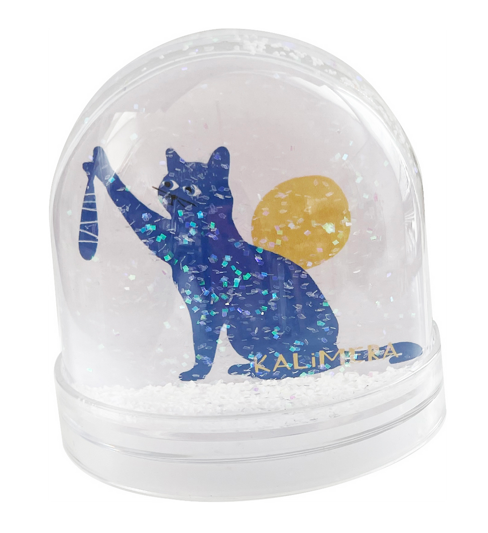 cat and donkey snow globe, modern gift, greek souvenir, snowflakes