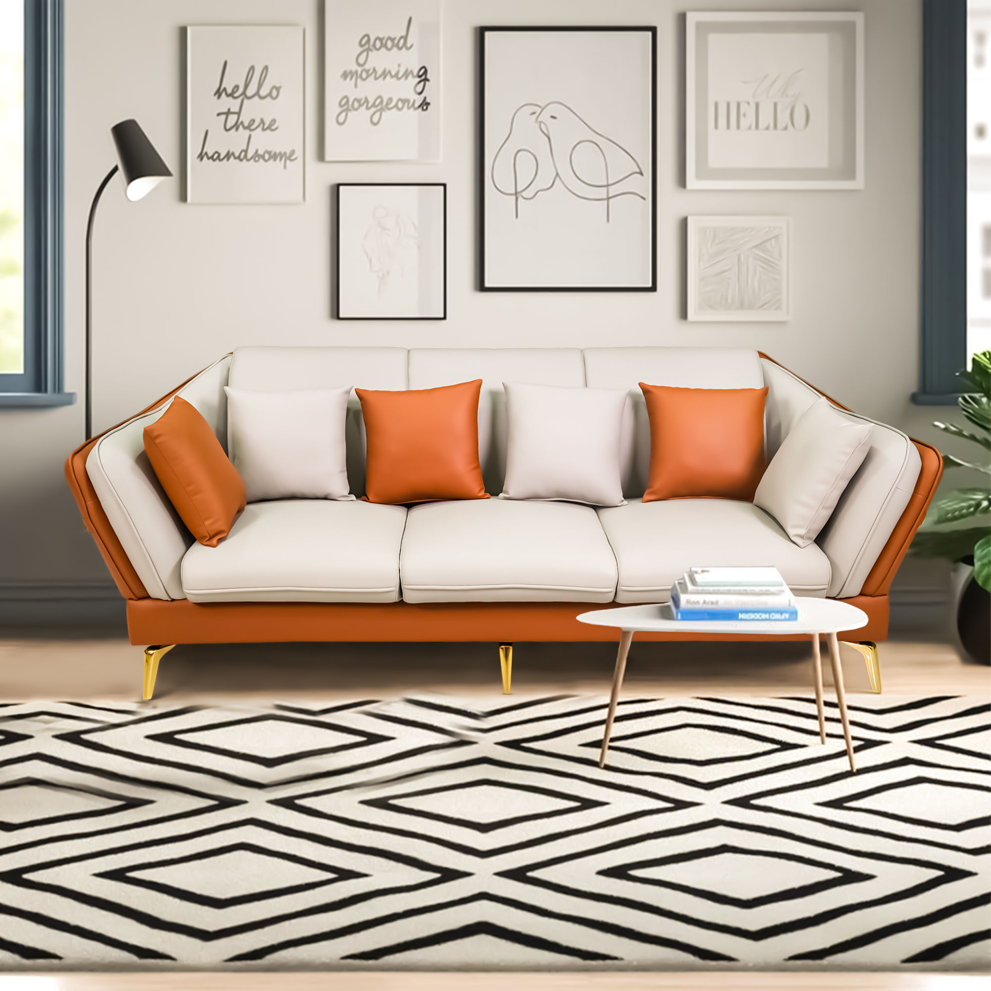 Laslie Modern Beige & Maroon Leatherette 3-Seater Sofa – Stylish 3-Seater Leathe