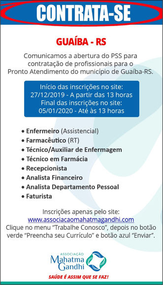 GUAÍBA-RS: Associação Mahatma Gandhi inicia abertura de PSS para o Pronto Atendimento do Município.