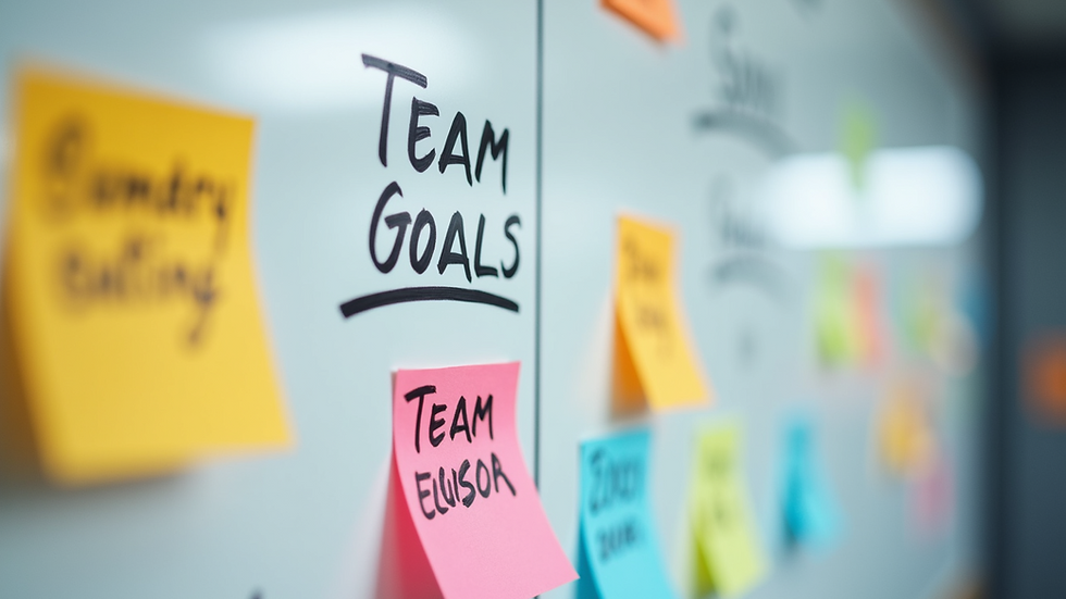 Close-up view of a whiteboard with colorful sticky notes and team goals