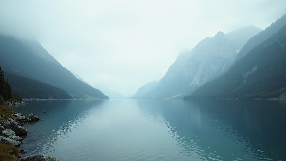 Wide angle view of a serene lake surrounded by mountains