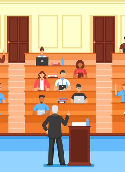 An instructor/teacher teaching a class in a lecture theater