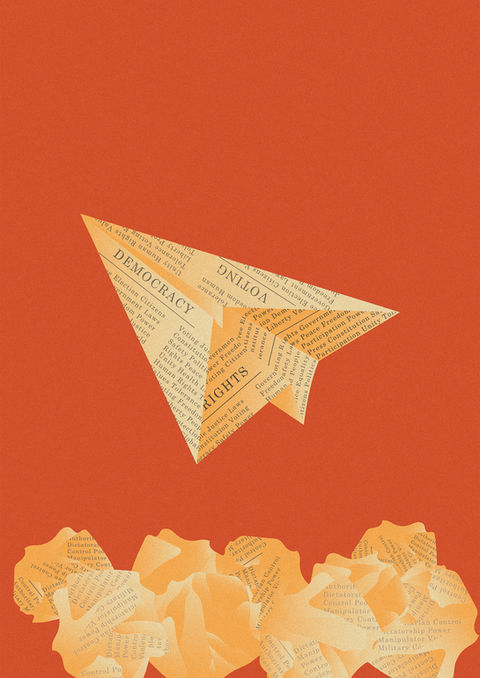 Illustration with a paper airplane that symbolizes democracy.