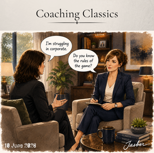 Client sitting with coach, talking about the corporate world and rules of the game. 