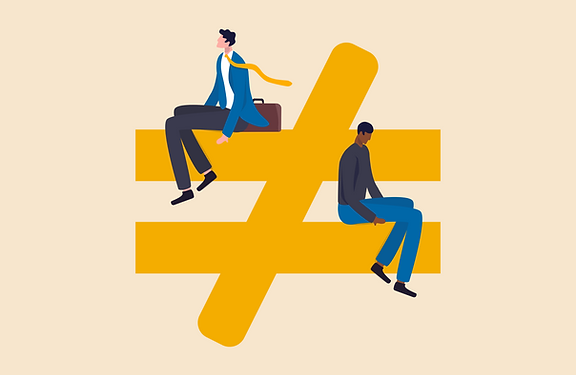 Illustration: two men sitting on an uniqual symbol