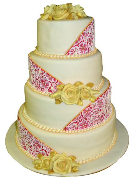 Four-tier wedding cake with ivory sugar paste, golden roses, and floral accents.