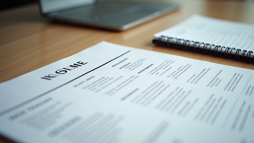 Eye-level view of a clean and simple resume template on a desk