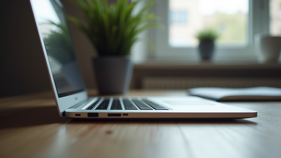 Eye-level view of a laptop and notebook on a tidy desk