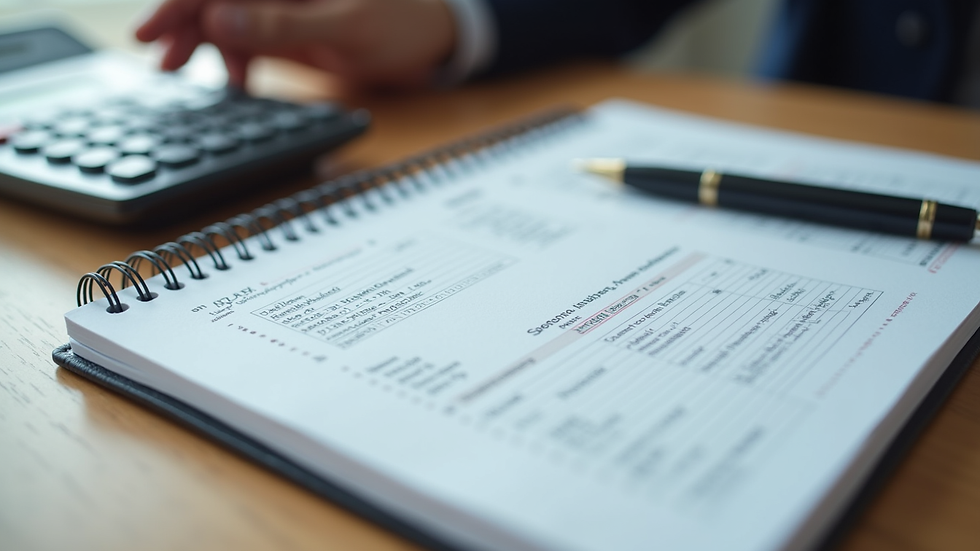 Close-up view of a notebook with financial notes and a calculator