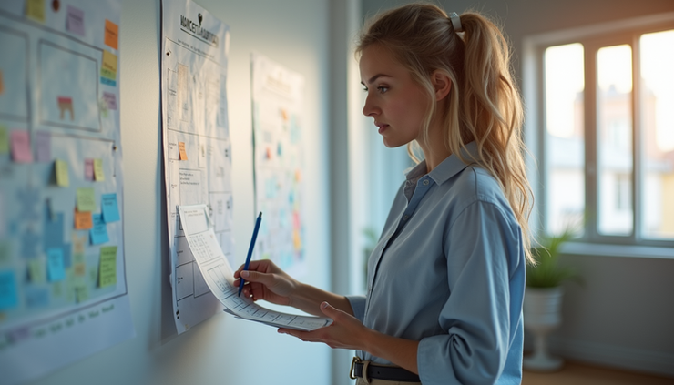 Eye-level view of a team manager reviewing a creative project board in a bright workspace